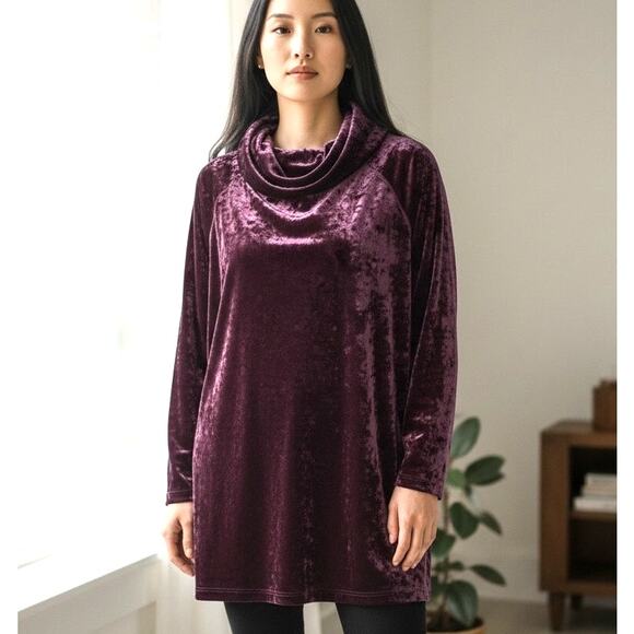 Cabernet Velvet Cowl Neck Top Tunic Burgundy SZ Large Boho Chic Cottage Holiday - Picture 1 of 10